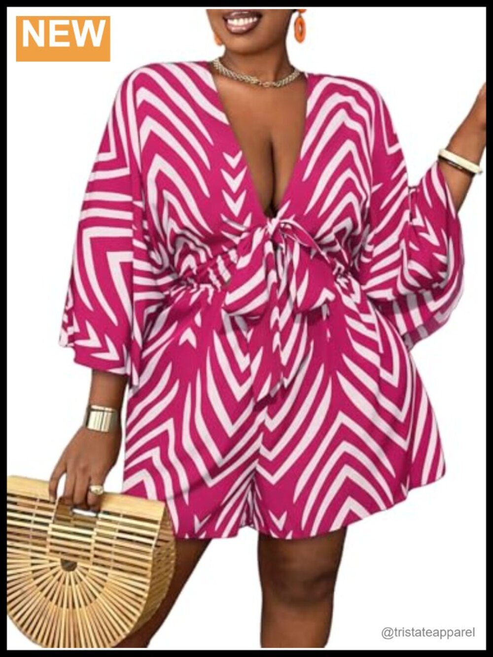 Plus Size Striped Tie Front Short Romper 3/4 Sleeve Loose Fit